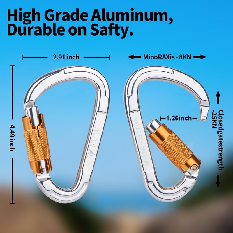 FVW Auto Locking Rock Climbing Carabiner Clips,Professional 25KN (5620 lbs) Heavy Duty Caribeaners for Rappelling Swing Rescue & Gym etc, Large D-Shaped Carabiners - Image 2